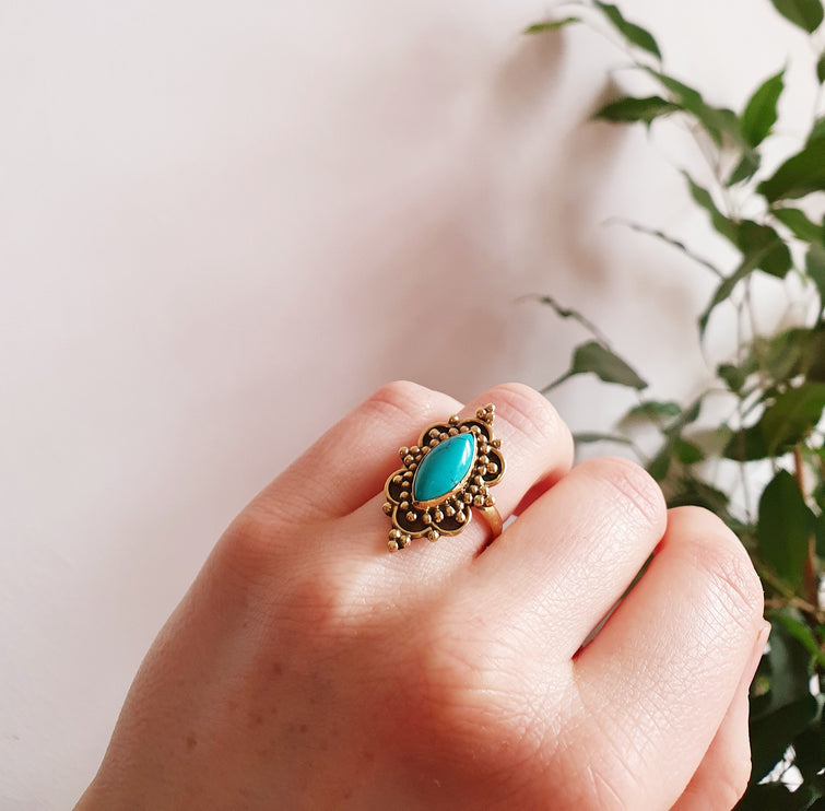 Boho Indian Turquoise Brass Ring / Pretty / Ethnic / Rustic / Festival / Tribal / Blue / Hippie / Gypsy / Psy / Stone / Healing