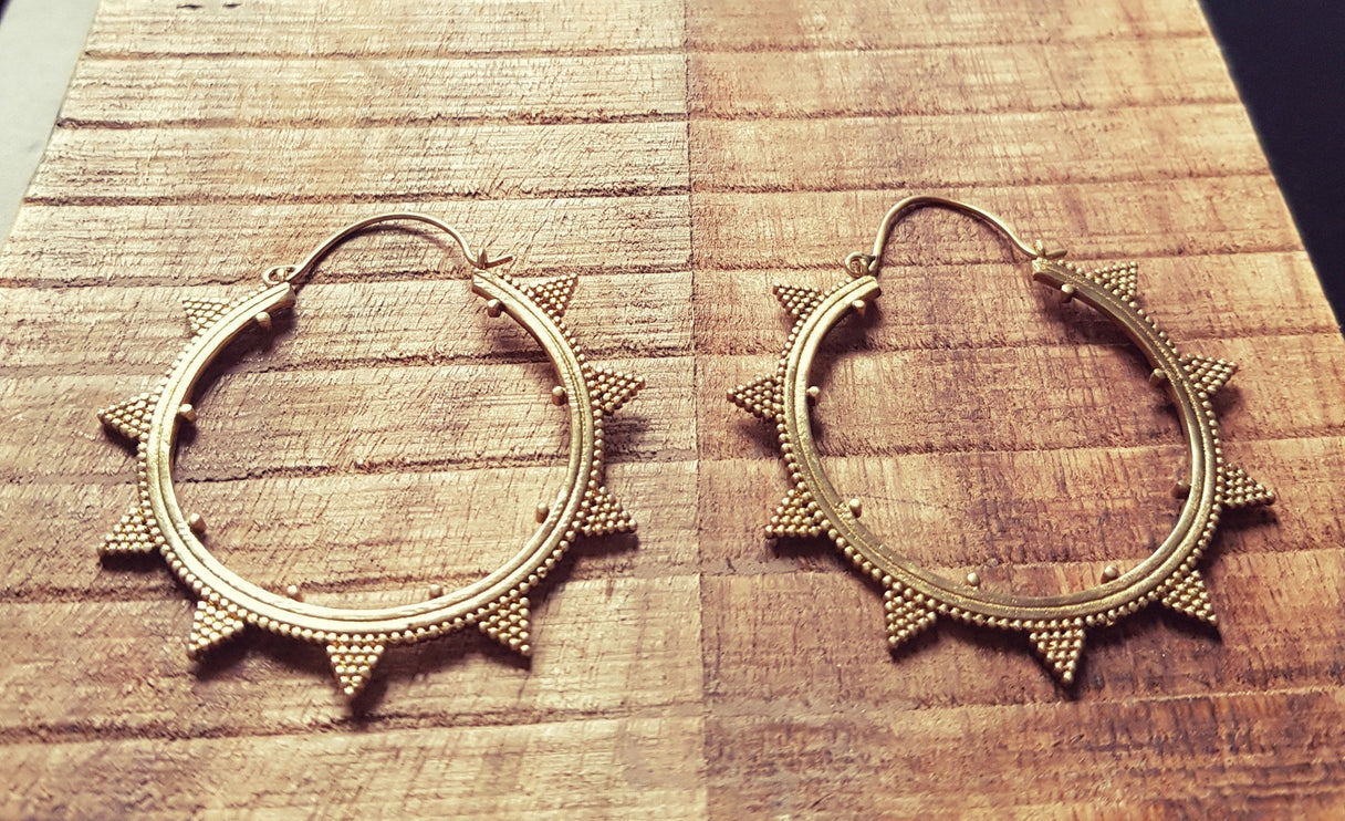 Aztec Brass Hoop Earrings / Geometric / Boho / Bohemian / Rustic / Ethnic / Triangle / Tribal / Illuminati / Gypsy / Hippie / Chic