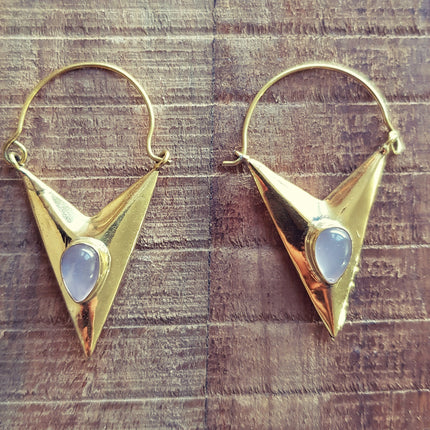 Geometric Triangle Rose Quartz & Brass Earrings / Tribal / Mandala / Ethnic / Rustic / Yoga / Boho / Bohemian / Festival Fashion / Gifts