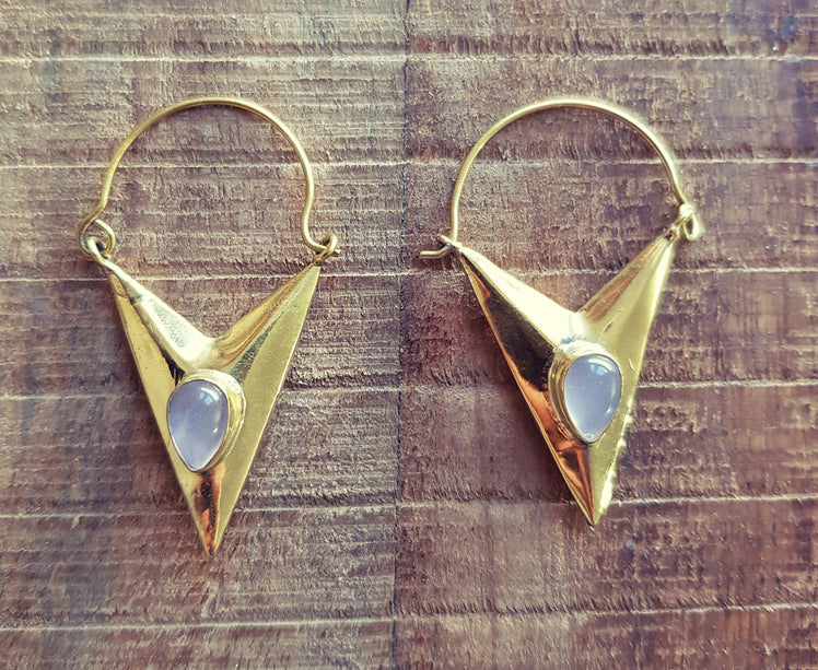 Geometric Triangle Rose Quartz & Brass Earrings / Tribal / Mandala / Ethnic / Rustic / Yoga / Boho / Bohemian / Festival Fashion / Gifts