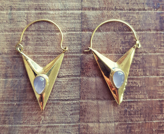 Geometric Triangle Rose Quartz & Brass Earrings / Tribal / Mandala / Ethnic / Rustic / Yoga / Boho / Bohemian / Festival Fashion / Gifts