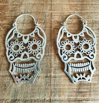Mexican Sugar Skull Silver Earrings; Day of the Dead Ethnic Boho Rustic Chic Gypsy Spiral Hippie Tribal Bohemian style