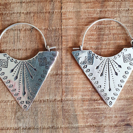 Geometric Tribal Triangle Aztec Style Silver Earrings; Ethnic, Geometric, rustic, yoga, hippie, gypsy, pretty, psy, boho, bohemian, festival