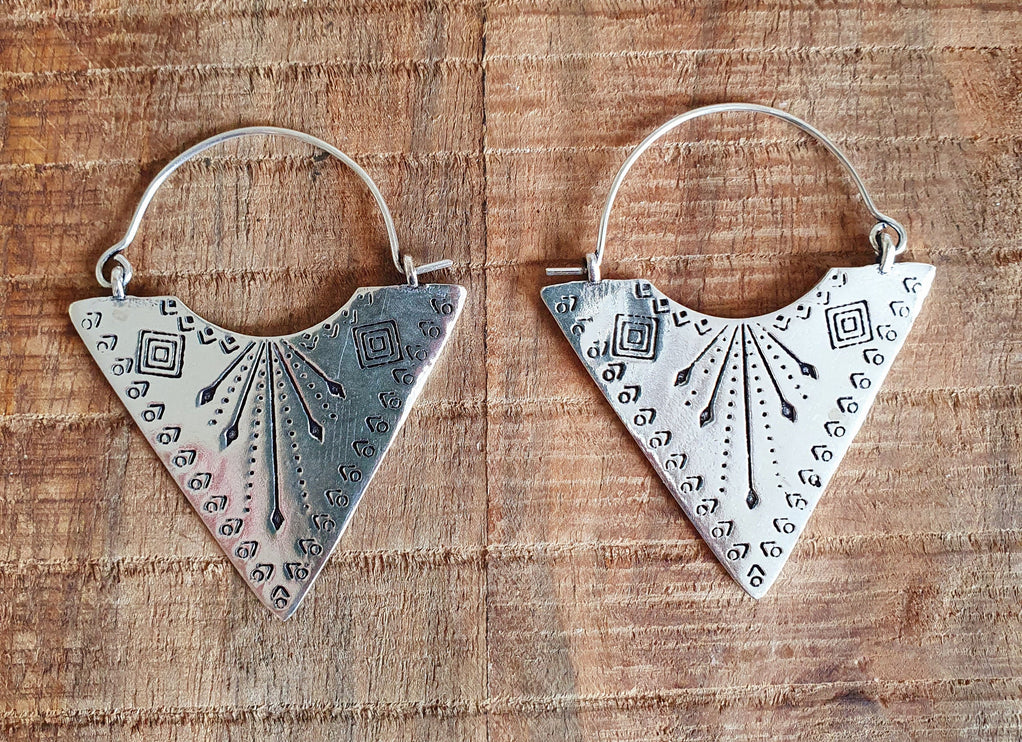 Geometric Tribal Triangle Aztec Style Silver Earrings; Ethnic, Geometric, rustic, yoga, hippie, gypsy, pretty, psy, boho, bohemian, festival