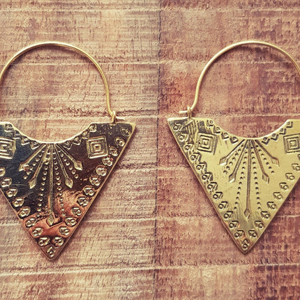 Geometric Tribal Triangle Aztec Style Brass Earrings; Ethnic, Geometric, rustic, yoga, hippie, gypsy, pretty, psy, boho, bohemian, festival