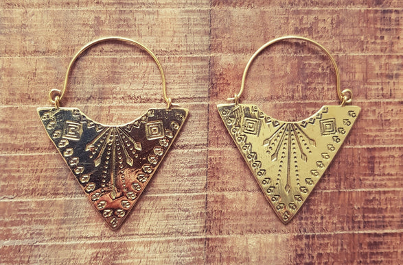 Geometric Tribal Triangle Aztec Style Brass Earrings; Ethnic, Geometric, rustic, yoga, hippie, gypsy, pretty, psy, boho, bohemian, festival