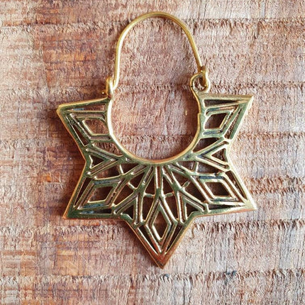 Ethnic Golden Star Mandala Brass Earrings; Ethnic, rustic, yoga, hippie, gypsy, pretty, psy, boho, bohemian, festival, geometric