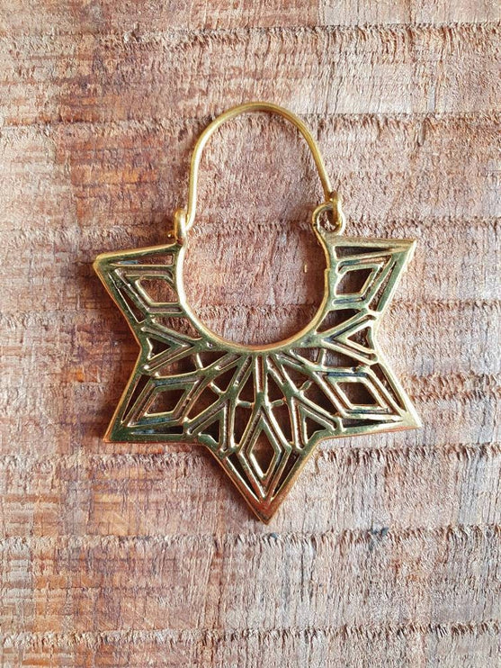 Ethnic Golden Star Mandala Brass Earrings; Ethnic, rustic, yoga, hippie, gypsy, pretty, psy, boho, bohemian, festival, geometric