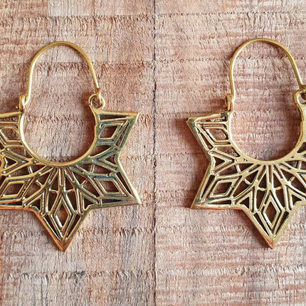 Ethnic Golden Star Mandala Brass Earrings; Ethnic, rustic, yoga, hippie, gypsy, pretty, psy, boho, bohemian, festival, geometric