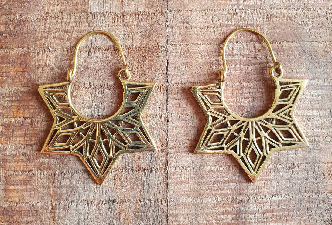 Ethnic Golden Star Mandala Brass Earrings; Ethnic, rustic, yoga, hippie, gypsy, pretty, psy, boho, bohemian, festival, geometric