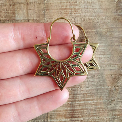 Ethnic Golden Star Mandala Brass Earrings; Ethnic, rustic, yoga, hippie, gypsy, pretty, psy, boho, bohemian, festival, geometric