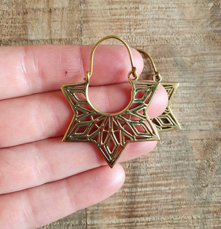 Ethnic Golden Star Mandala Brass Earrings; Ethnic, rustic, yoga, hippie, gypsy, pretty, psy, boho, bohemian, festival, geometric