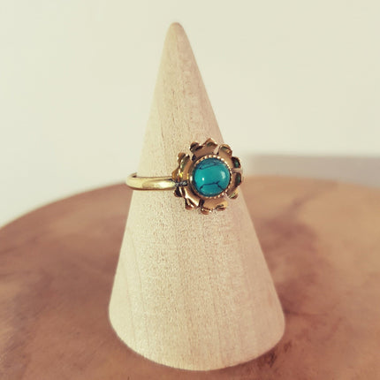 Flower Boho Turquoise Brass Ring / Pretty / Ethnic / Rustic / Festival / Tribal / Blue / Hippie / Gypsy / Psy / Stone / Healing