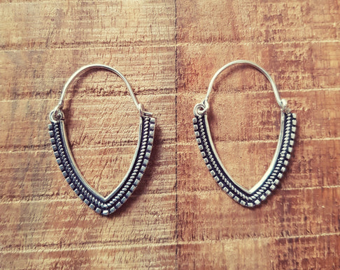 Small Boho Silver Hoop Earrings; Ethnic, Geometric, Small, Rustic, Yoga, Hippie, Gypsy, Pretty, Psy, Bohemian, Festival