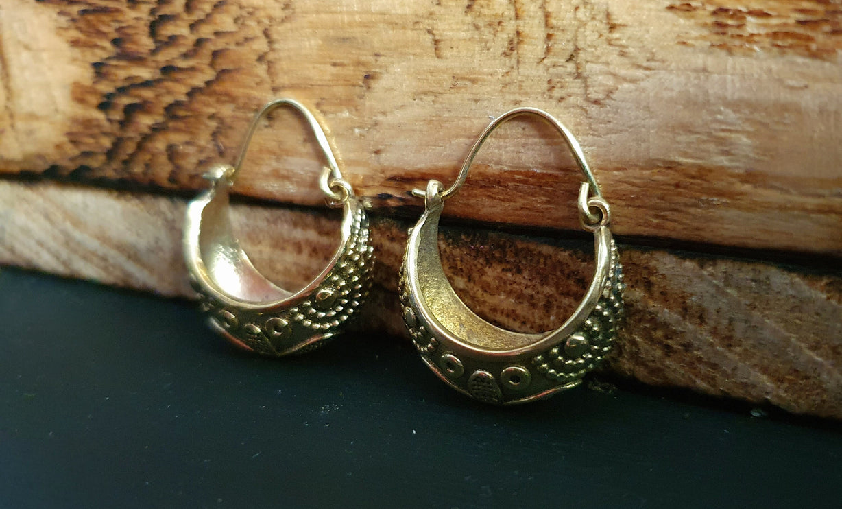 Tribal Chunky Brass Hoops; Ethnic Boho Chic Rustic Psy Gypsy Spiral Hippie Bohemian Festival style