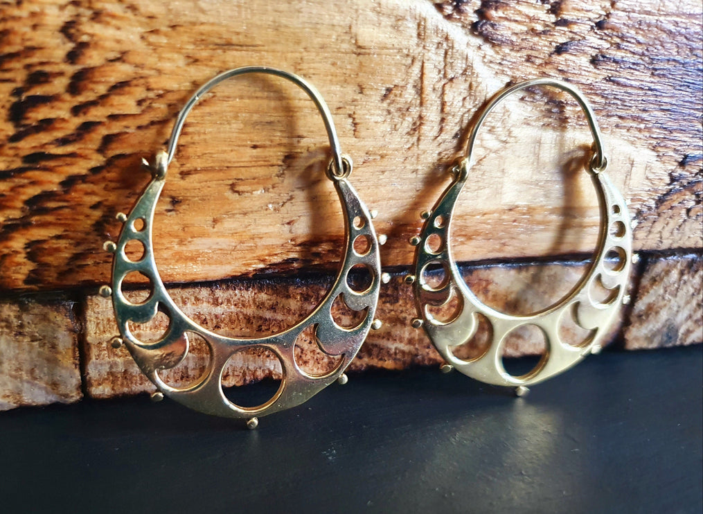 Moon Hoops Brass Earrings / Galaxy Boho Bohemian Cute Yoga Ethnic Boho Rustic Chic Gypsy Spiral Hippie Tribal style