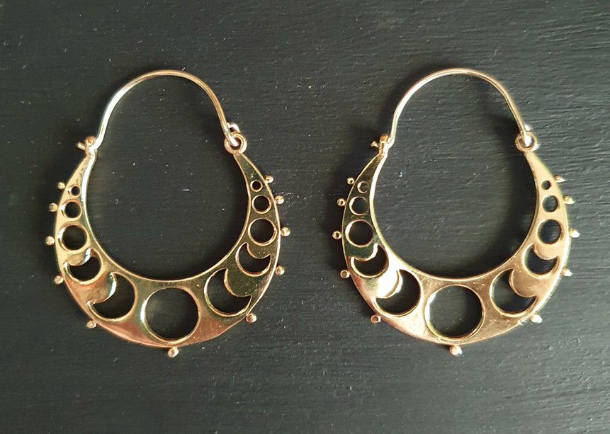 Moon Hoops Brass Earrings / Galaxy Boho Bohemian Cute Yoga Ethnic Boho Rustic Chic Gypsy Spiral Hippie Tribal style