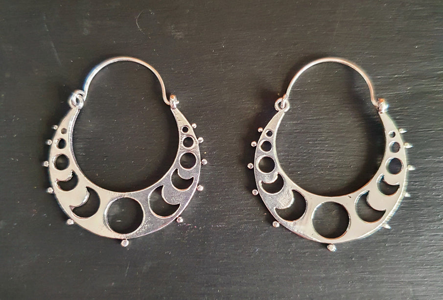 Moon Hoops Silver Earrings / Galaxy Boho Bohemian Cute Yoga Ethnic Boho Rustic Chic Gypsy Spiral Hippie Tribal style