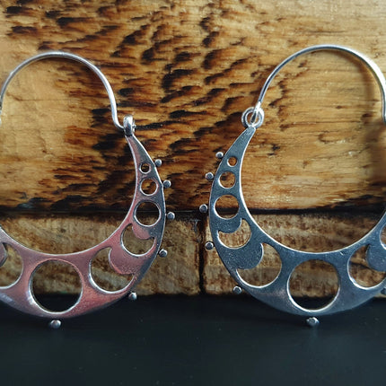 Moon Hoops Silver Earrings / Galaxy Boho Bohemian Cute Yoga Ethnic Boho Rustic Chic Gypsy Spiral Hippie Tribal style