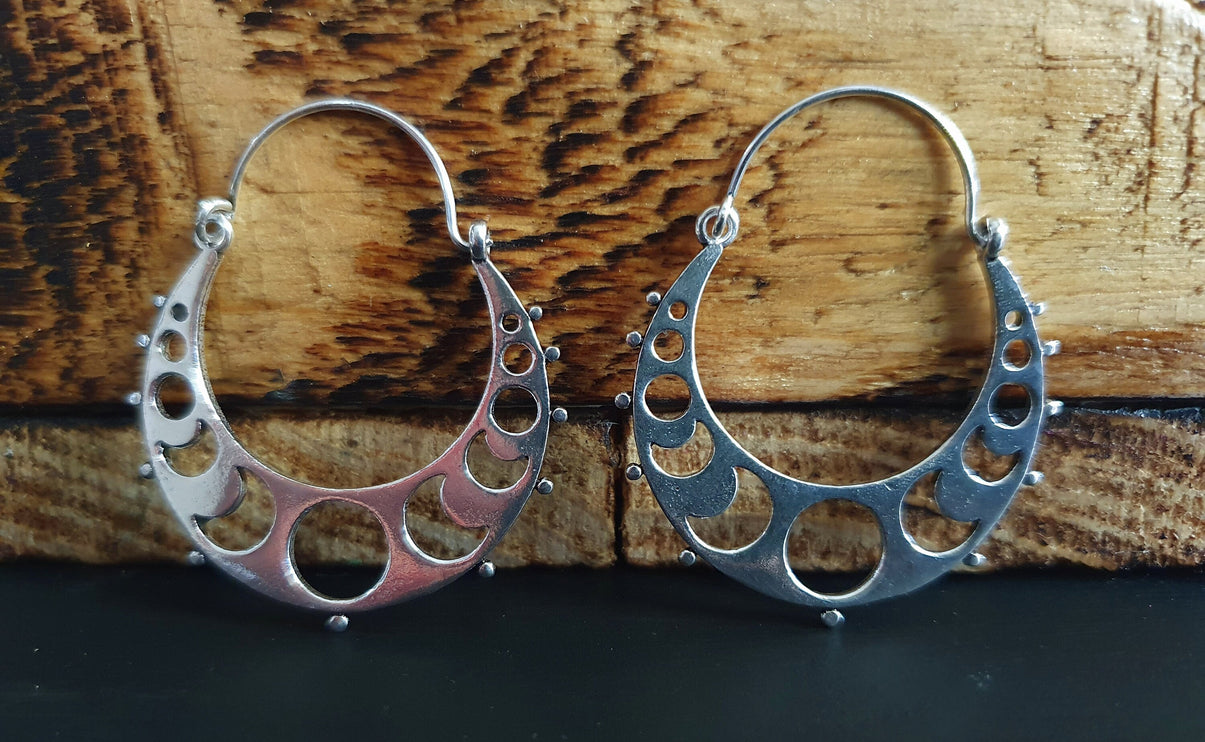 Moon Hoops Silver Earrings / Galaxy Boho Bohemian Cute Yoga Ethnic Boho Rustic Chic Gypsy Spiral Hippie Tribal style