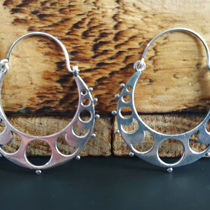 Moon Hoops Silver Earrings / Galaxy Boho Bohemian Cute Yoga Ethnic Boho Rustic Chic Gypsy Spiral Hippie Tribal style