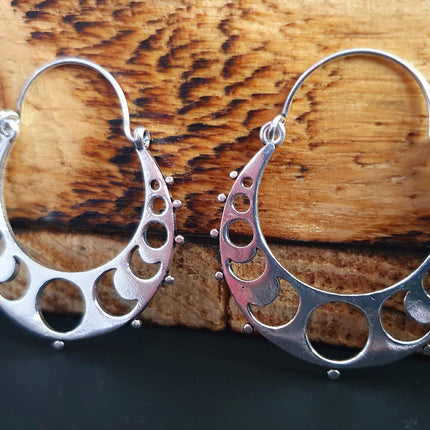 Moon Hoops Silver Earrings / Galaxy Boho Bohemian Cute Yoga Ethnic Boho Rustic Chic Gypsy Spiral Hippie Tribal style