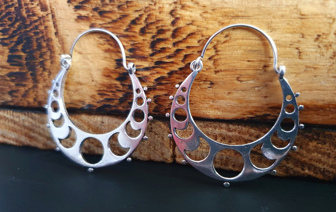 Moon Hoops Silver Earrings / Galaxy Boho Bohemian Cute Yoga Ethnic Boho Rustic Chic Gypsy Spiral Hippie Tribal style