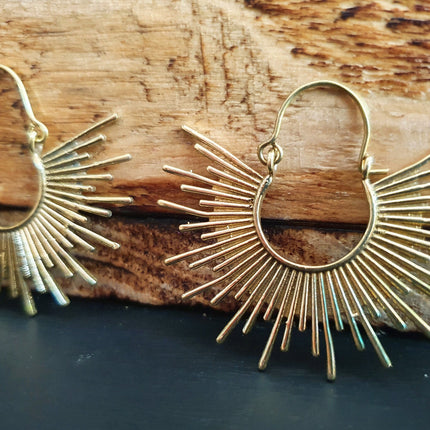 Sunrays Steampunk Brass Hoop Earrings / Galaxy Boho Bohemian Geometric Yoga Ethnic Boho Rustic Chic Gypsy Spiral Hippie Tribal style