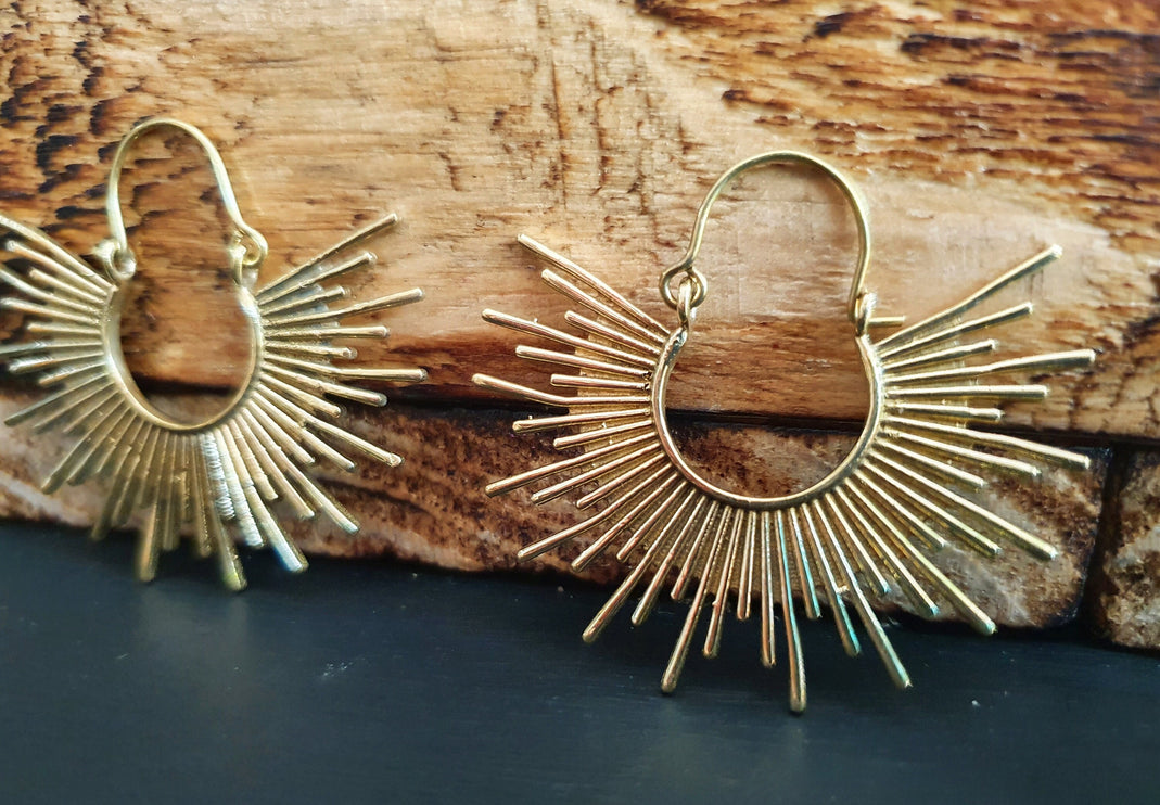 Sunrays Steampunk Brass Hoop Earrings / Galaxy Boho Bohemian Geometric Yoga Ethnic Boho Rustic Chic Gypsy Spiral Hippie Tribal style