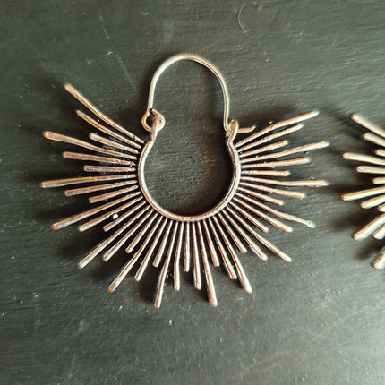 Sunrays Steampunk Silver Hoop Earrings / Galaxy Boho Bohemian Geometric Yoga Ethnic Boho Rustic Chic Gypsy Spiral Hippie Tribal style