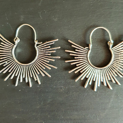 Sunrays Steampunk Silver Hoop Earrings / Galaxy Boho Bohemian Geometric Yoga Ethnic Boho Rustic Chic Gypsy Spiral Hippie Tribal style