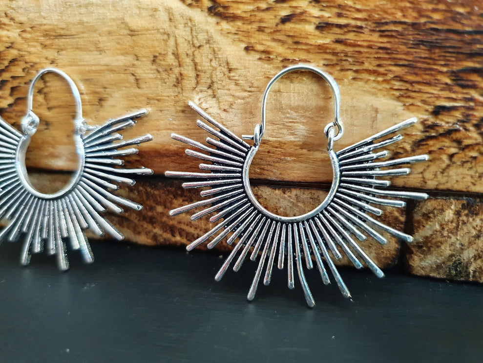 Sunrays Steampunk Silver Hoop Earrings / Galaxy Boho Bohemian Geometric Yoga Ethnic Boho Rustic Chic Gypsy Spiral Hippie Tribal style