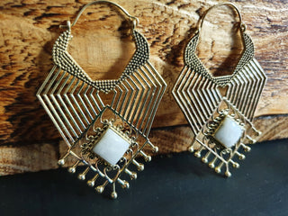 Ethnic Geometric Moonstone Brass Earrings / Tribal / Rustic / Yoga / Hippie / Gypsy / Psy / Boho / Bohemian / Festival