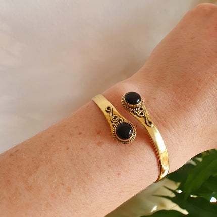 Black Onyx Bracelet Gold Bangle / Brass / Ethnic / Rustic / Bohemian / Hippie / Gypsy / Psy / Chic / Jewellery / Body / Adjustable