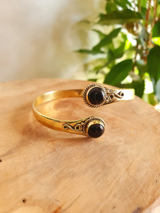 Black Onyx Bracelet Gold Bangle / Brass / Ethnic / Rustic / Bohemian / Hippie / Gypsy / Psy / Chic / Jewellery / Body / Adjustable