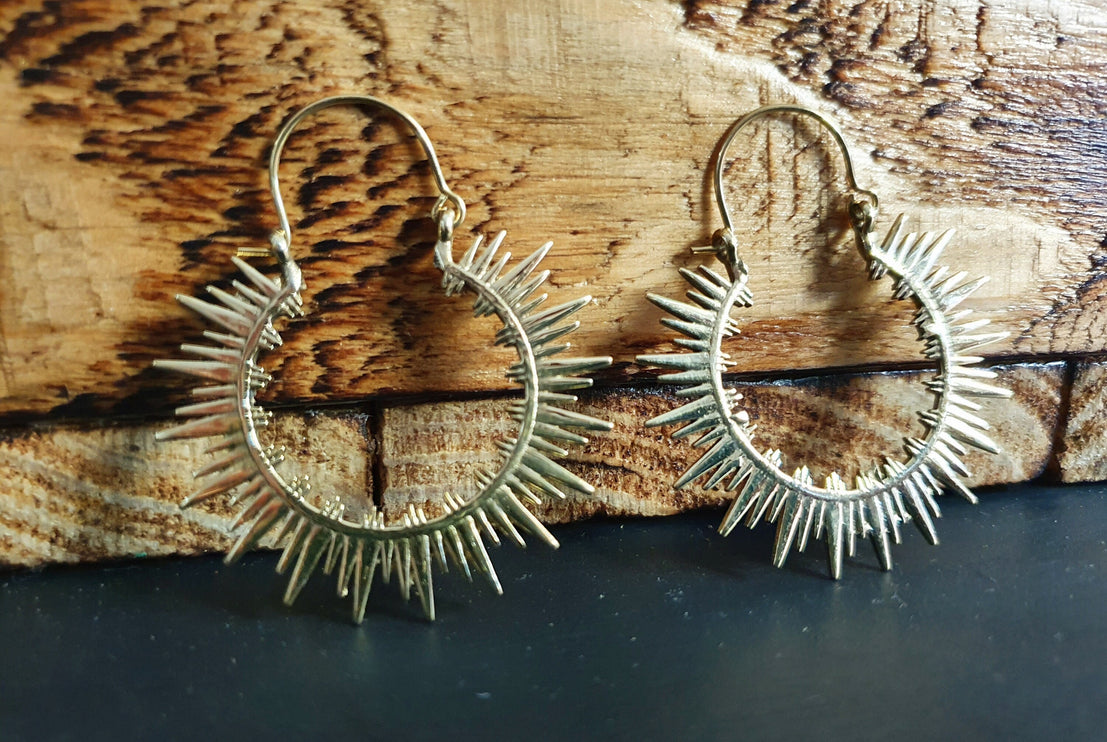 Spiky Hoops Steampunk Brass Hoop Earrings / Galaxy Boho Bohemian Geometric Yoga Ethnic Boho Rustic Chic Gypsy Spiral Hippie Tribal style