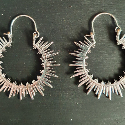 Spiky Hoops Steampunk Silver Hoop Earrings / Galaxy Boho Bohemian Geometric Yoga Ethnic Boho Rustic Chic Gypsy Spiral Hippie Tribal style