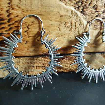 Spiky Hoops Steampunk Silver Hoop Earrings / Galaxy Boho Bohemian Geometric Yoga Ethnic Boho Rustic Chic Gypsy Spiral Hippie Tribal style