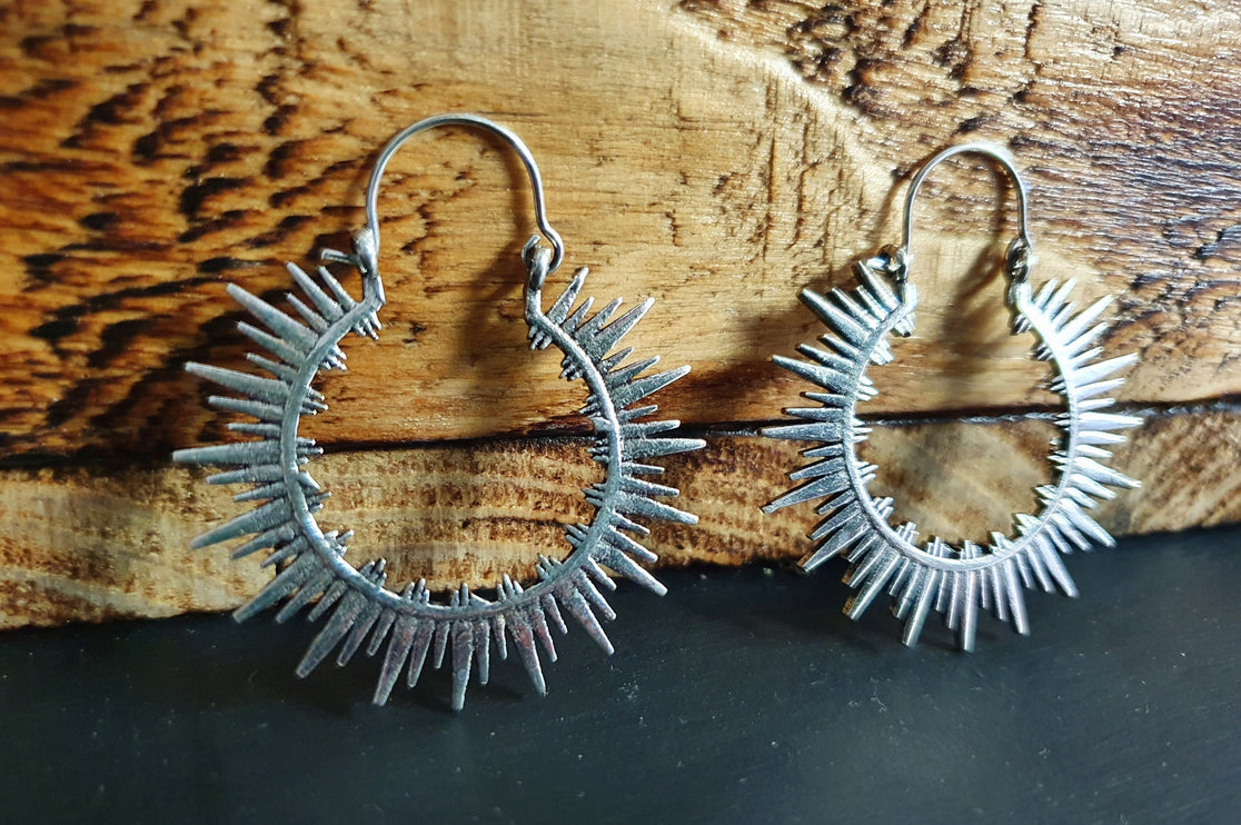 Spiky Hoops Steampunk Silver Hoop Earrings / Galaxy Boho Bohemian Geometric Yoga Ethnic Boho Rustic Chic Gypsy Spiral Hippie Tribal style