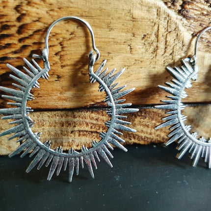 Spiky Hoops Steampunk Silver Hoop Earrings / Galaxy Boho Bohemian Geometric Yoga Ethnic Boho Rustic Chic Gypsy Spiral Hippie Tribal style