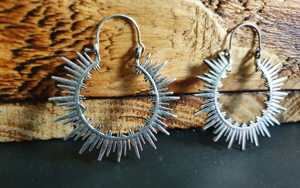 Spiky Hoops Steampunk Silver Hoop Earrings / Galaxy Boho Bohemian Geometric Yoga Ethnic Boho Rustic Chic Gypsy Spiral Hippie Tribal style