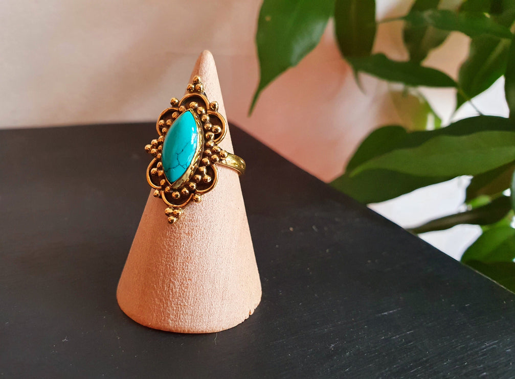 Boho Indian Turquoise Brass Ring / Pretty / Ethnic / Rustic / Festival / Tribal / Blue / Hippie / Gypsy / Psy / Stone / Healing