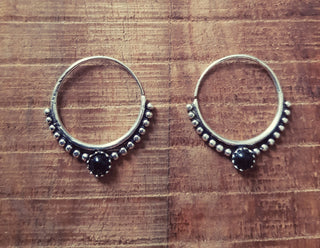 Small Boho Hoops Black Onyx Silver Earrings / Triangle / Mandala / Ethnic / Rustic / Yoga / Hippie / Gypsy / Psy / Bohemian / Festival