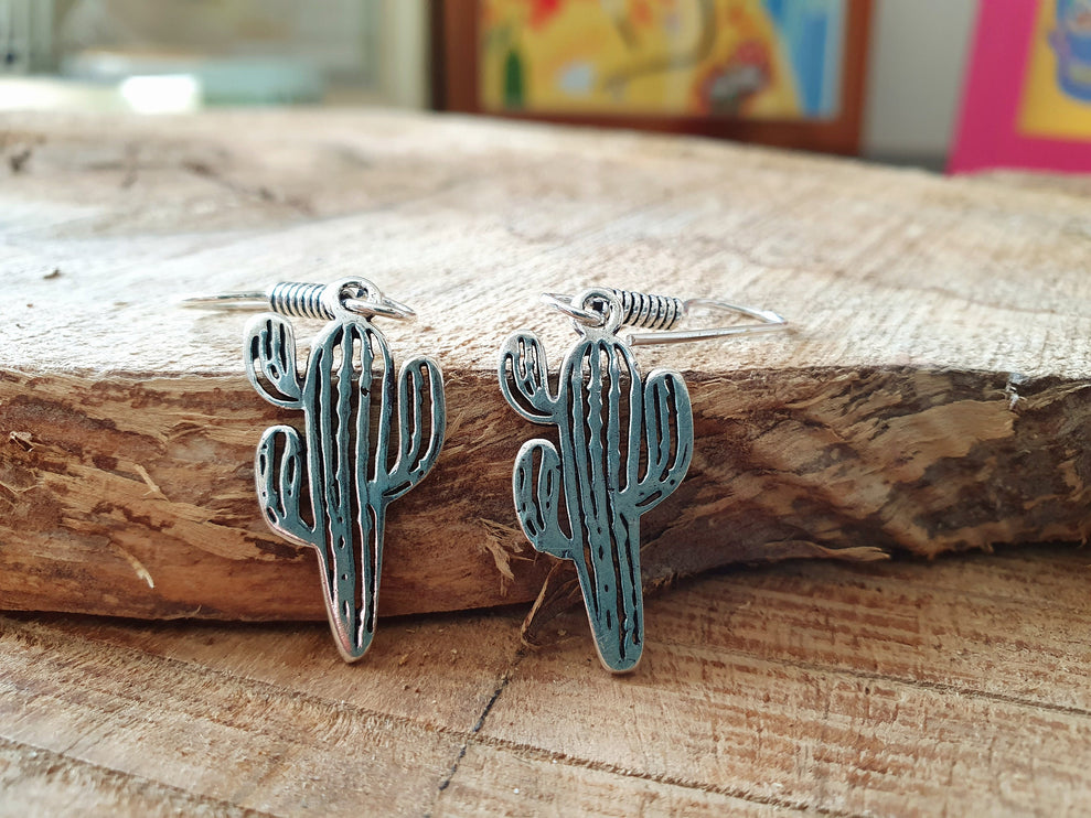 Small Cactus Earrings Gold Silver. Mexican, Nature, Garden, Geometric, Rustic, Yoga, Hippie, Gypsy, Pretty, Psy, Boho, Bohemian, festival