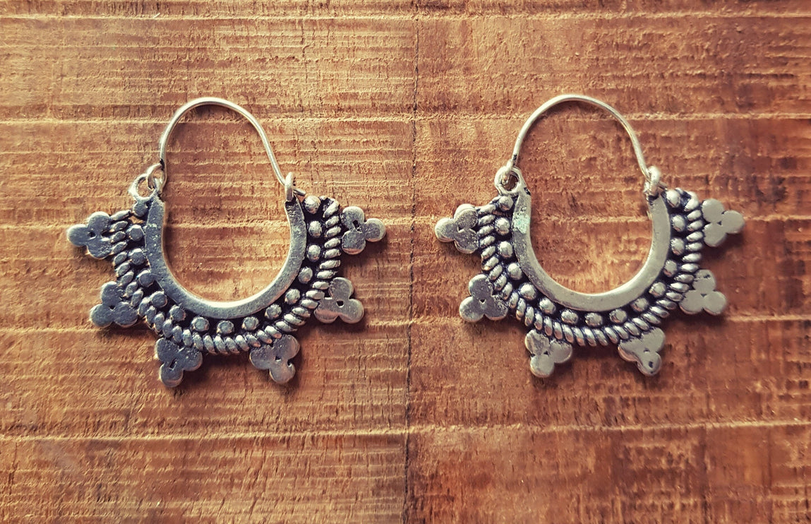 Mini Afghani Silver Earrings / Boho, Ethnic, Geometric, Small, Rustic, Yoga, Hippie, Gypsy, Pretty, Ssy, Boho, Bohemian, Festival