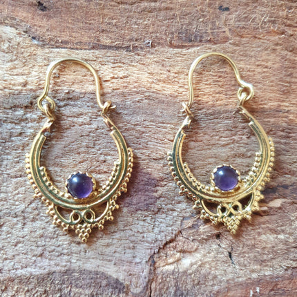 Small Boho Hoops Amethyst Brass Earrings / Triangle / Mandala / Ethnic / Rustic / Yoga / Hippie / Gypsy / Psy / Bohemian / Festival