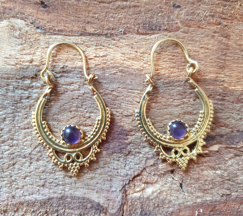 Small Boho Hoops Amethyst Brass Earrings / Triangle / Mandala / Ethnic / Rustic / Yoga / Hippie / Gypsy / Psy / Bohemian / Festival