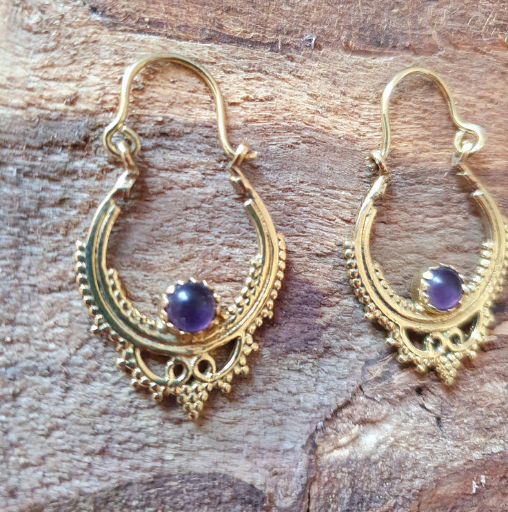 Small Boho Hoops Amethyst Brass Earrings / Triangle / Mandala / Ethnic / Rustic / Yoga / Hippie / Gypsy / Psy / Bohemian / Festival