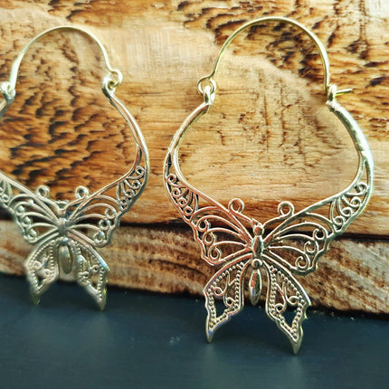 Butterfly Brass earrings; Boho Spring Mandala Nature Garden Ethnic Tribal Chic Gypsy Psy Earth Festival