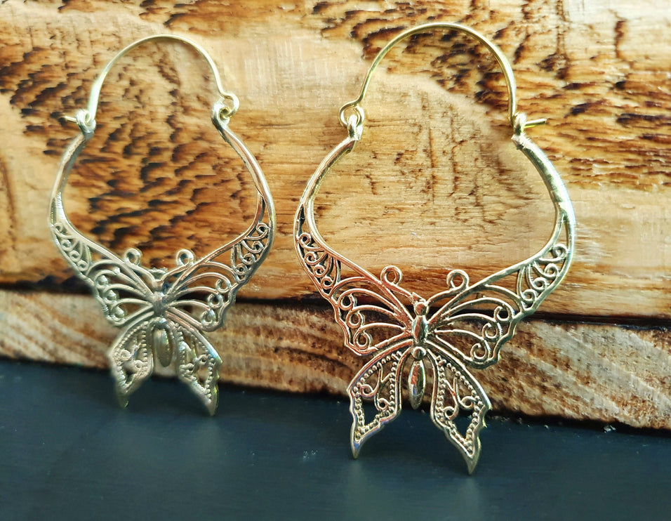 Butterfly Brass earrings; Boho Spring Mandala Nature Garden Ethnic Tribal Chic Gypsy Psy Earth Festival